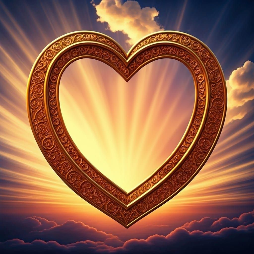 Golden 3D Text in Heart Frame, Kinkade Style