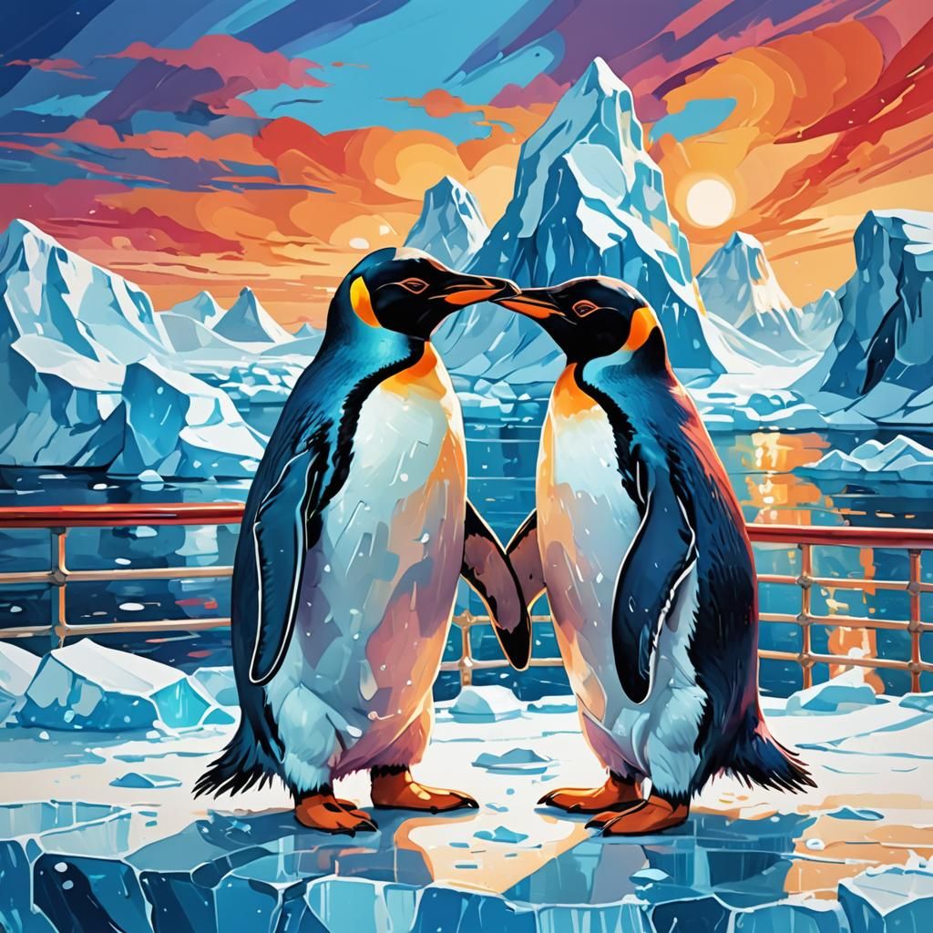 Gay Penguins on Arctic Cruise: Pixar-Style Digital Art