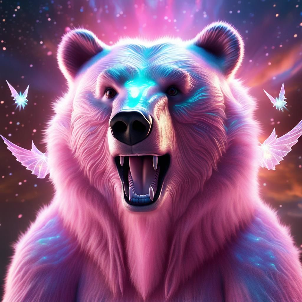 Pink Fluffy Bear with Dragon Wings in Galaxy