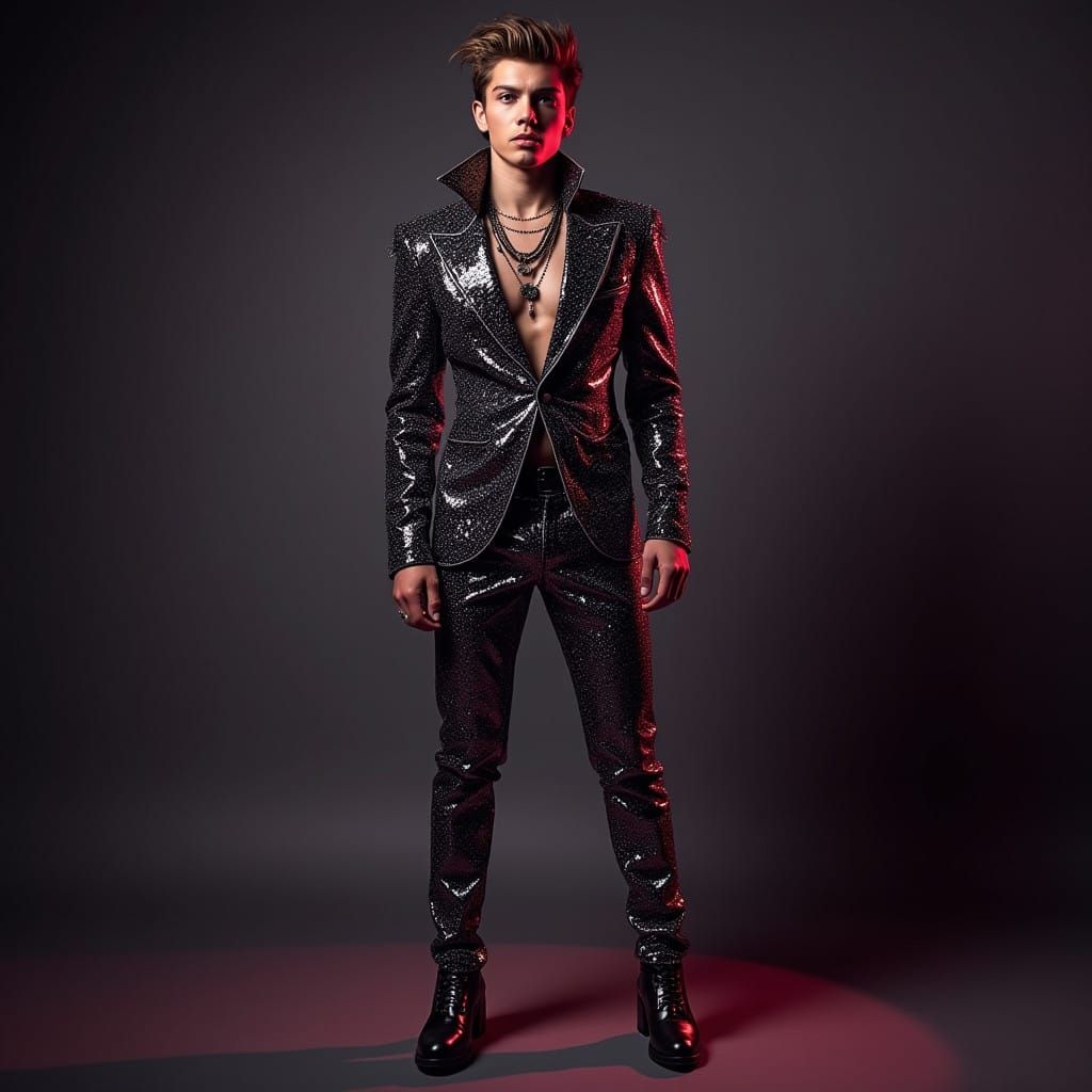 Glam Rock Icon Exudes Confidence in Dazzling, Glittering Att...
