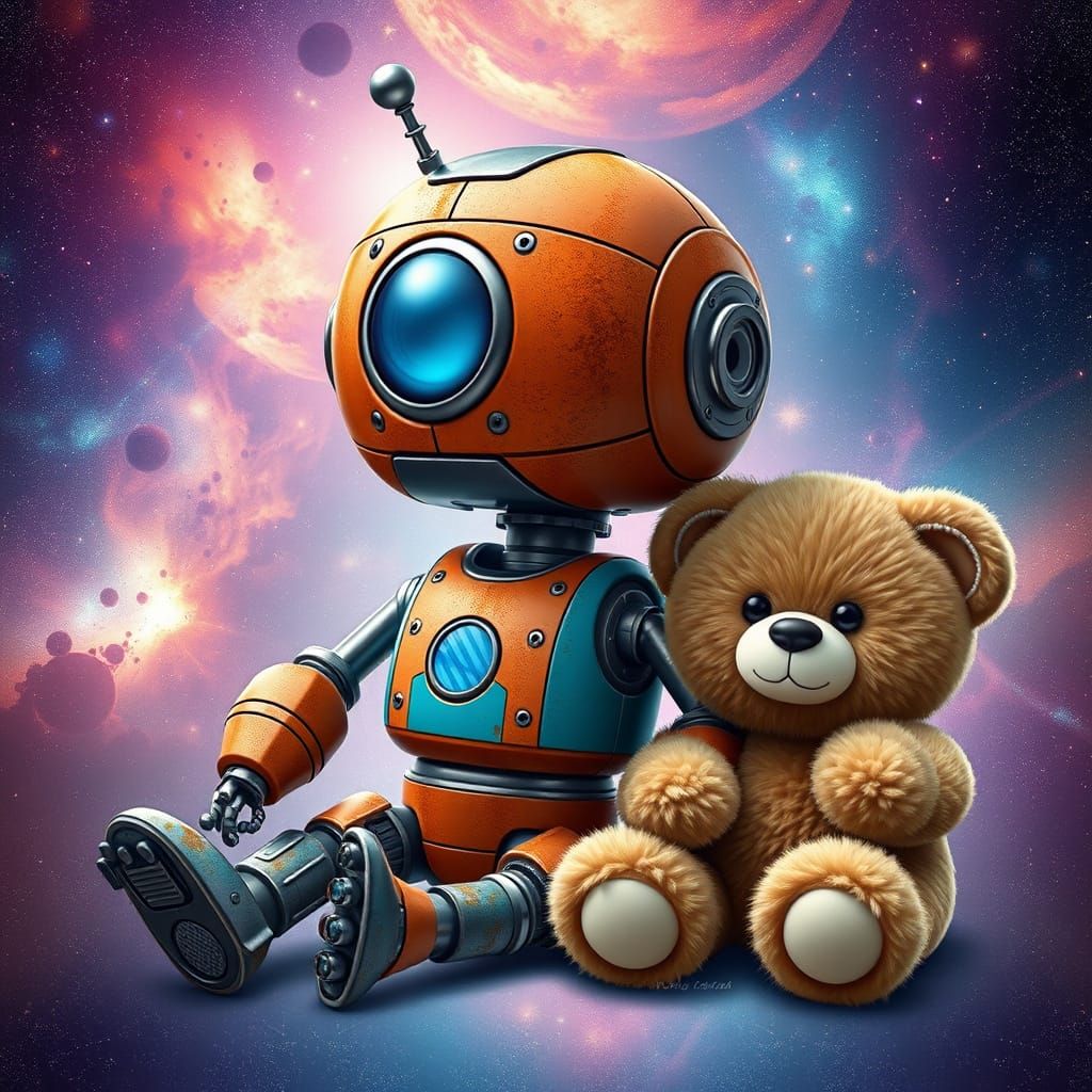 Rustic Robot Friends in a Vibrant Galaxy