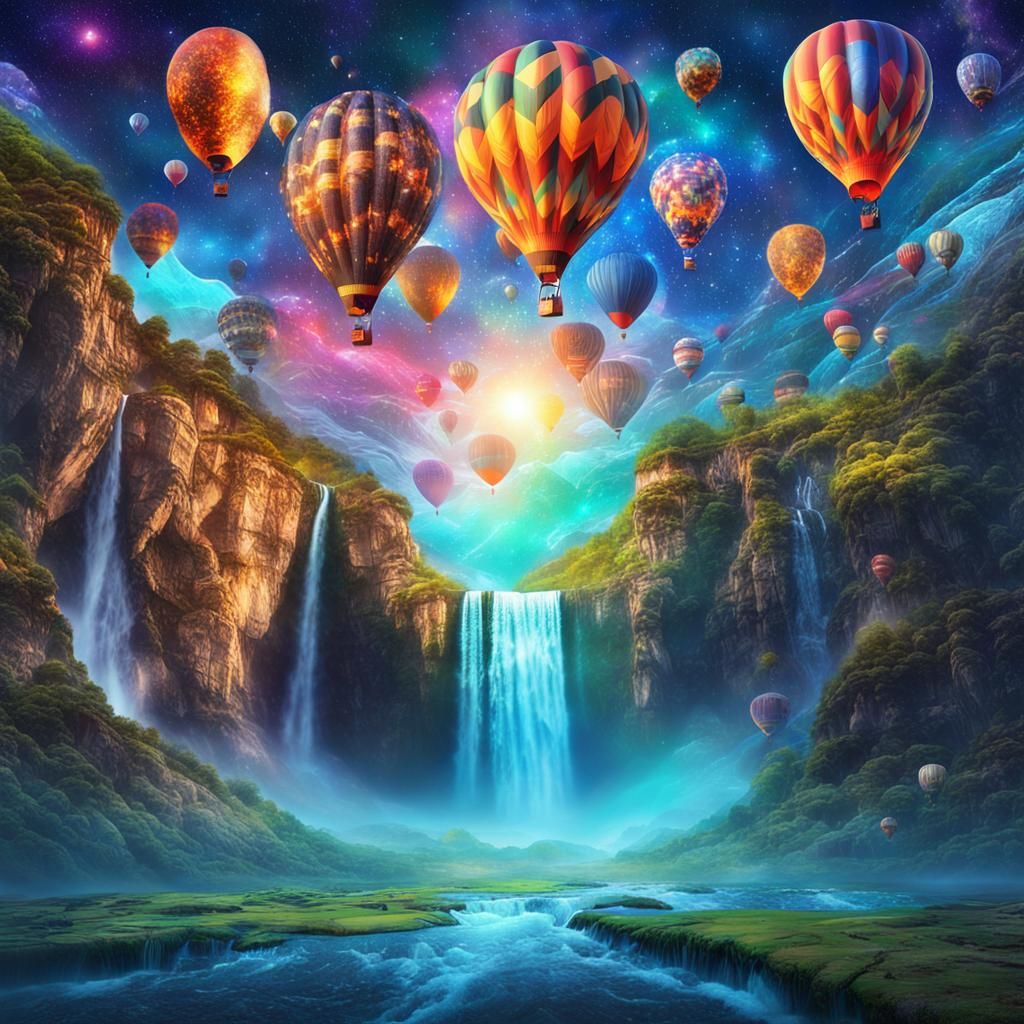 Hot Air Balloons Ascend Above Waterfall: Cosmic Illustration