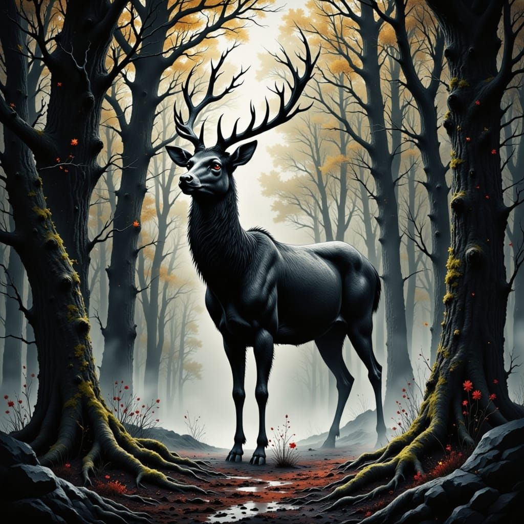 Noir Deer Emerges from Foggy Forest