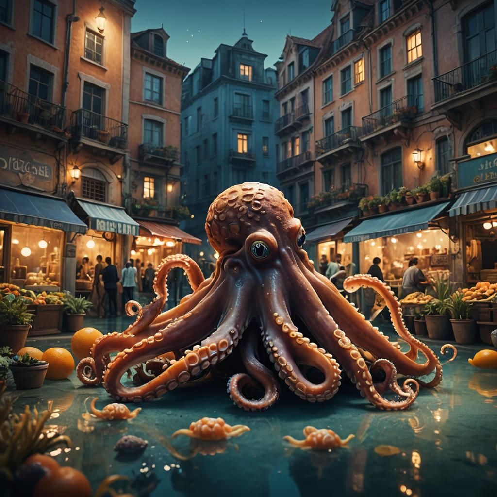 Octopus in Underwater Cityscape and Serene Garden