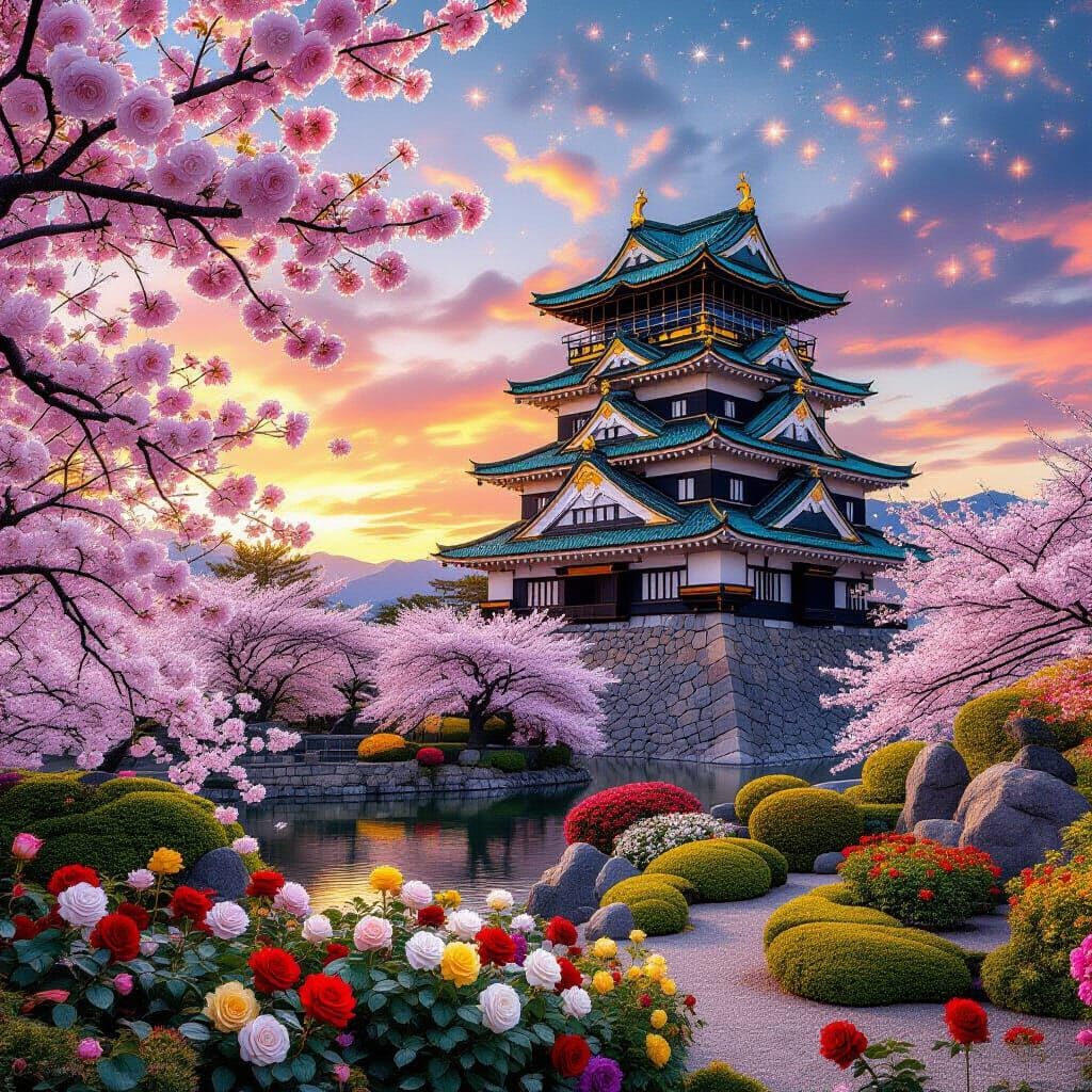 Japanese Castle in Cherry Blossom Garden at Sunset