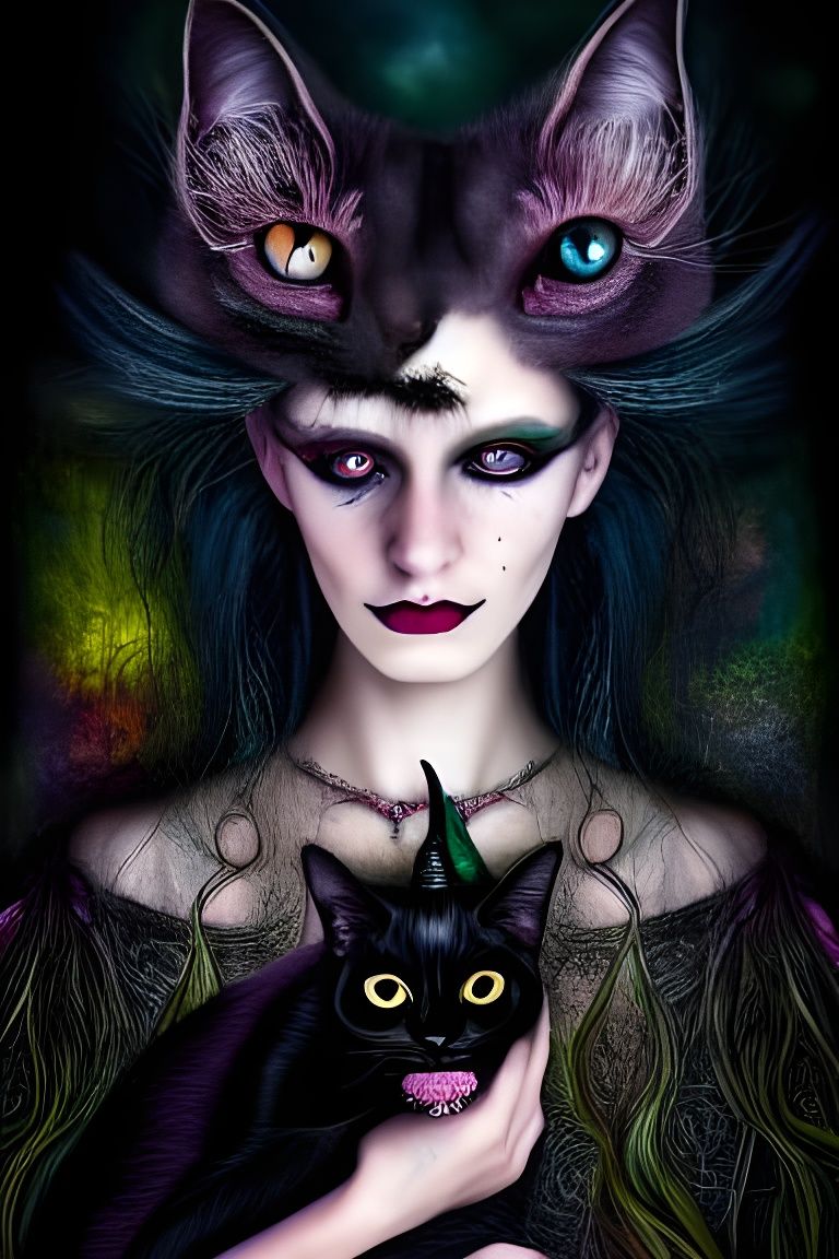 Girl Witch Black Cat Hybrid Portrait in Steampunk Style