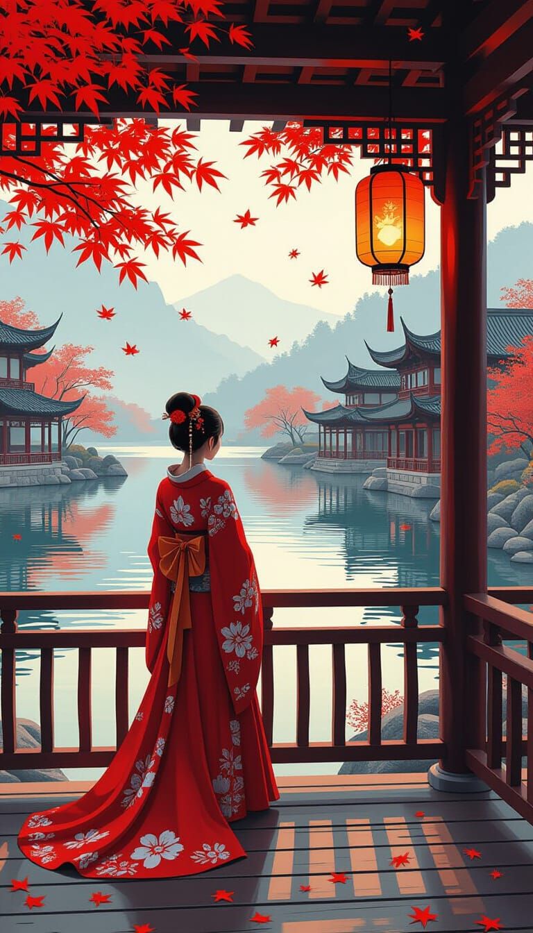 Serene Woman in Hanfu by Lakeside Balcony