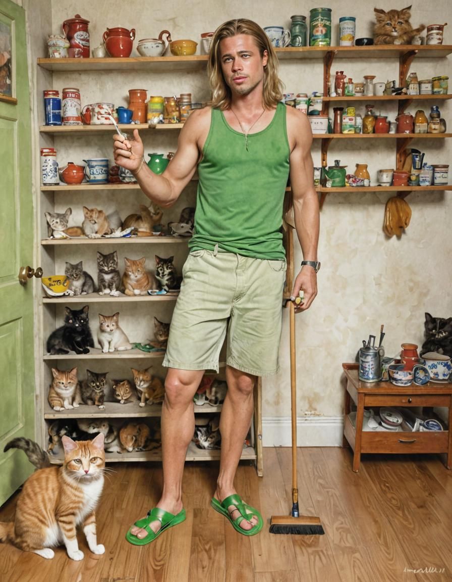 Full body shot of Brad Pitt, age 25, long flowing light blon...