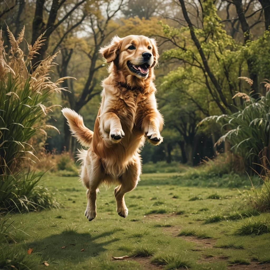 Golden Retriever Leaping in a Park: Digital Painting