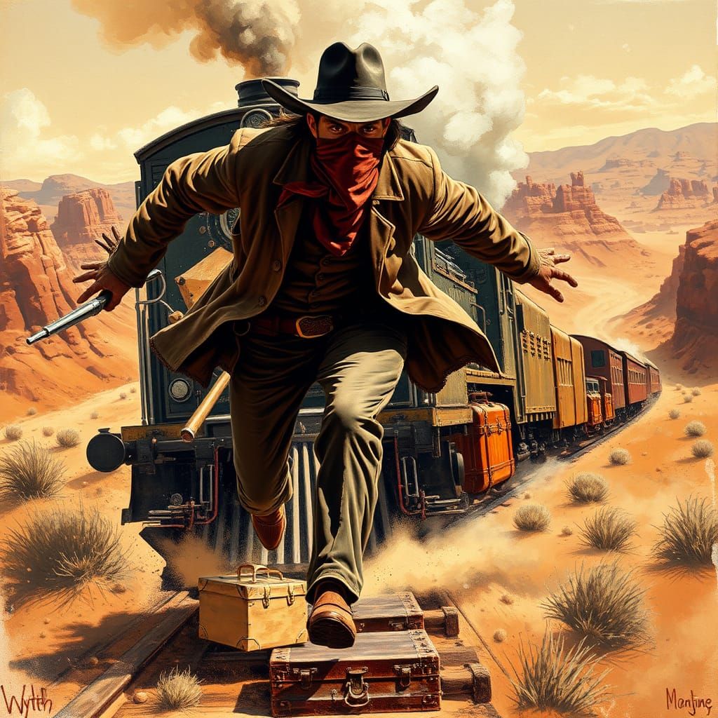 Dramatic Cowboy Dash Atop Vintage Train, Wyeth Style