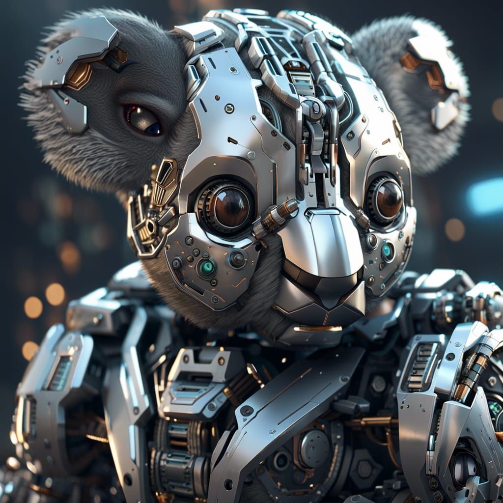 Futuristic Mech Koala in Sci-Fi Cityscape