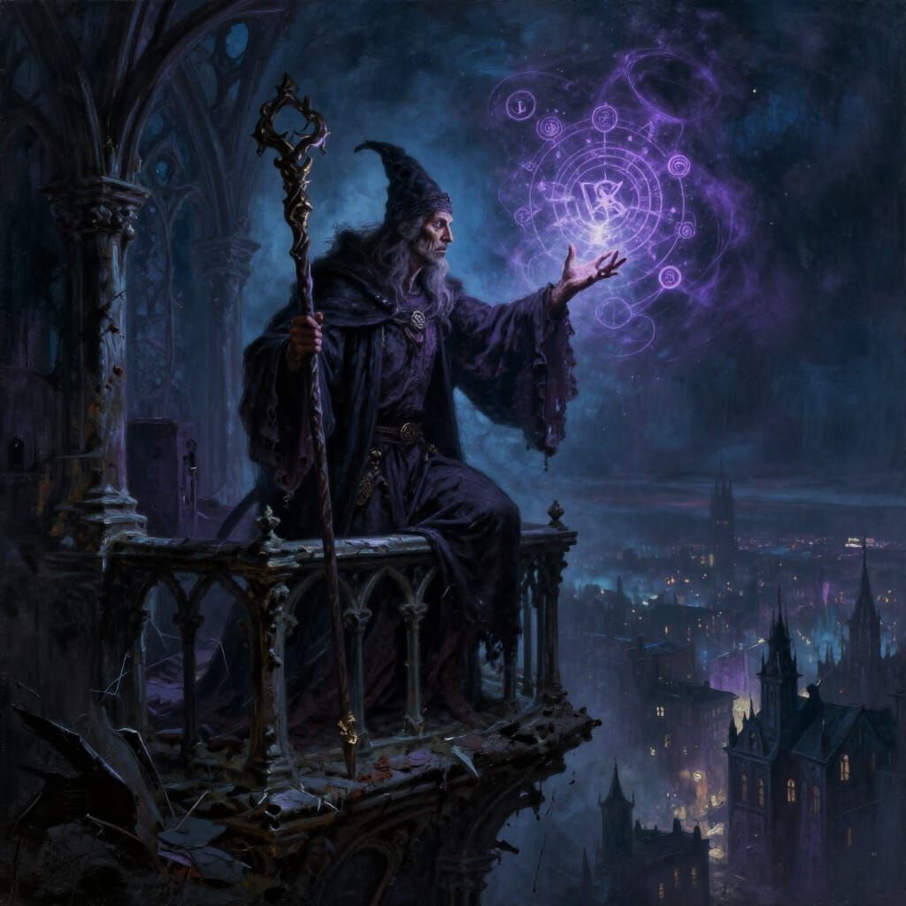 Dark Fantasy Wizard Conjuring Spell on Gothic Balcony