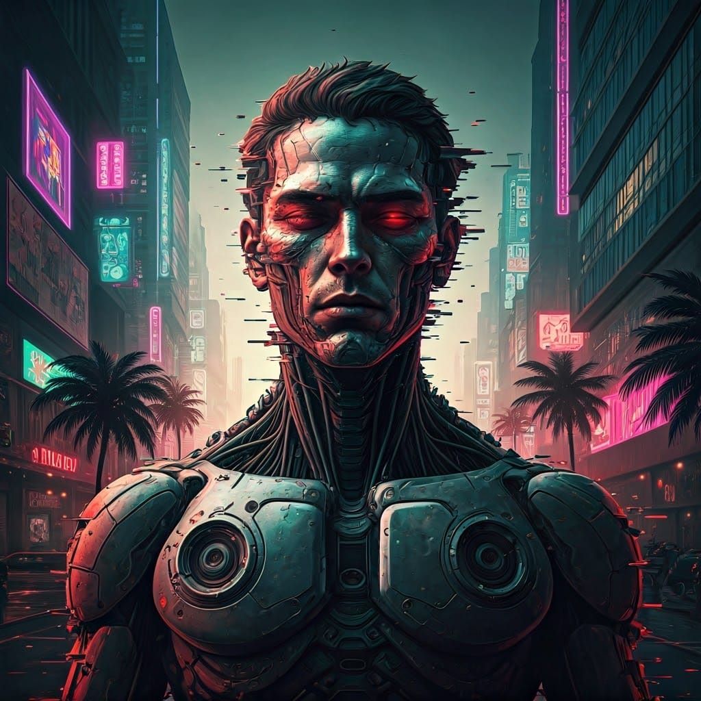 Futuristic Cyborg in Cyberpunk Cityscape
