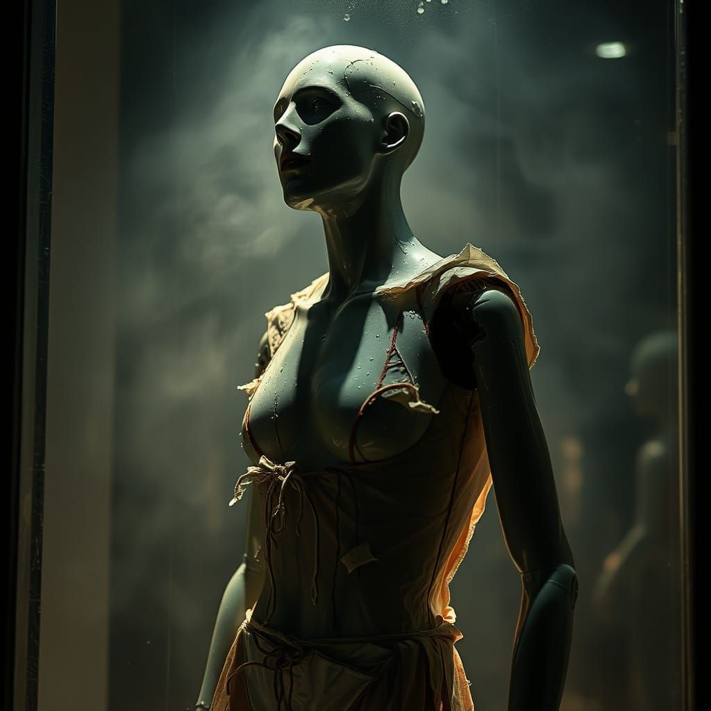 Abandoned Shop Mannequin in Dimly Lit Window