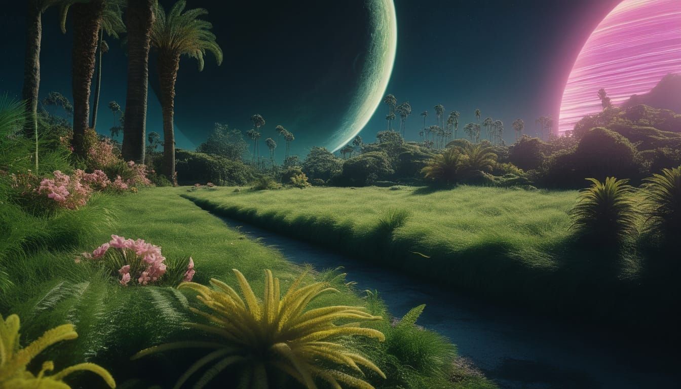 Saturn's Rings as a Surreal Neon Garden