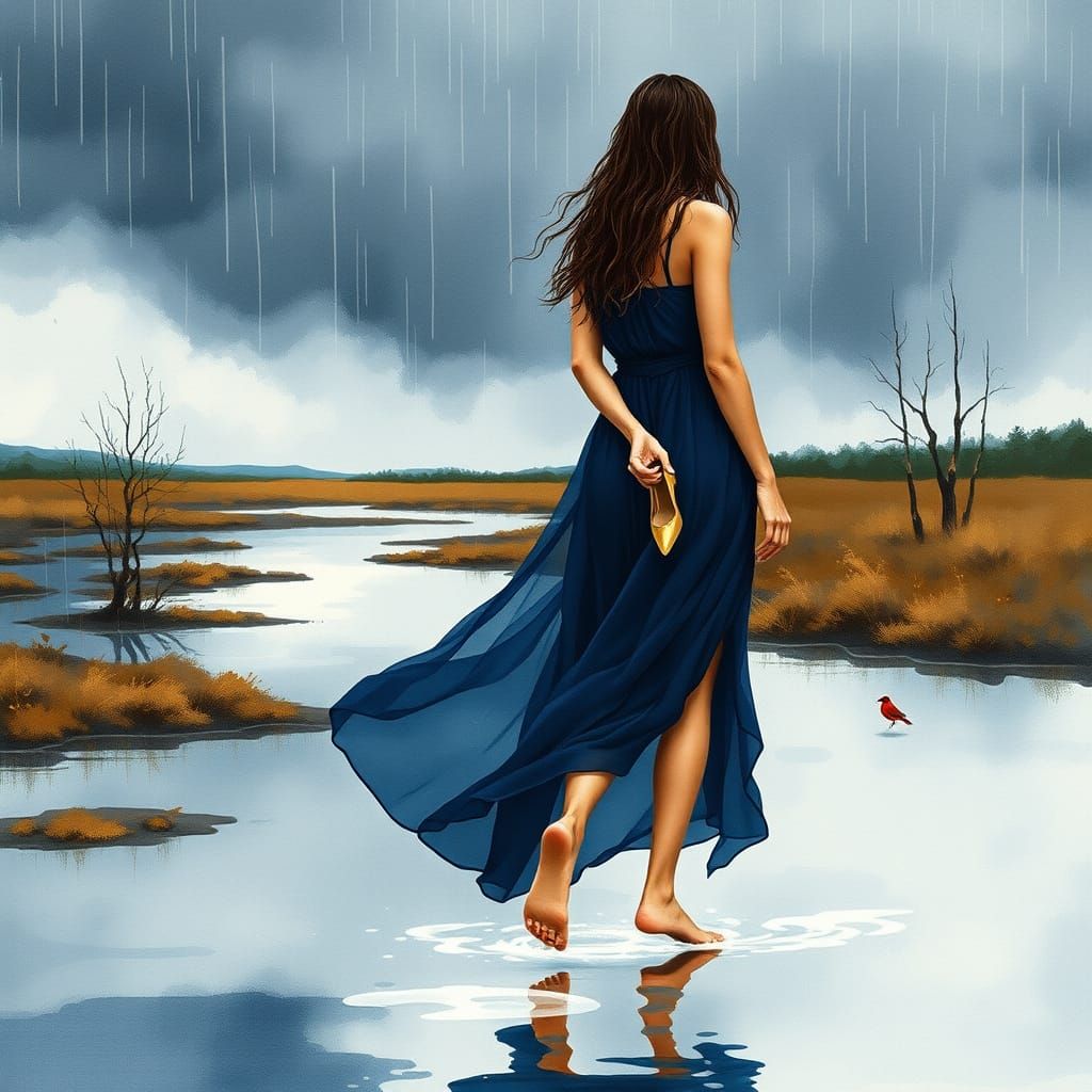 Barefoot Woman in Rainy Landscape Watercolor Painting