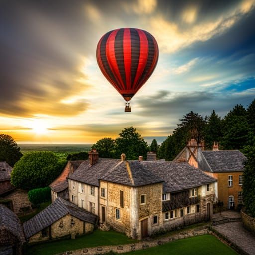 Montgolfier Balloon Over 1800s English Village