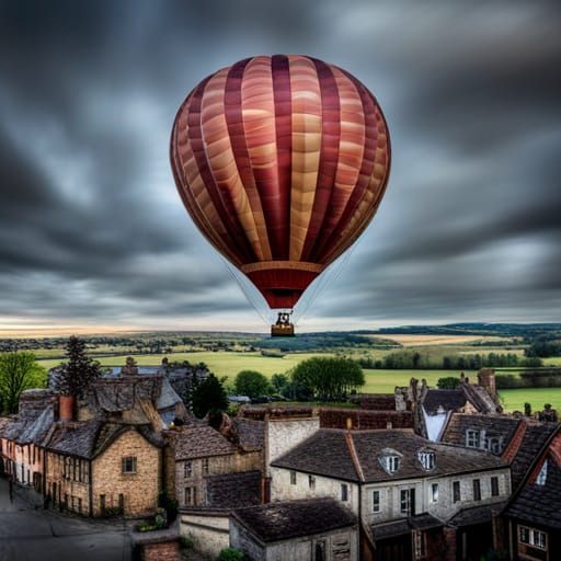 Hot Air Balloon Over 1800s Village: Hyperrealistic Image