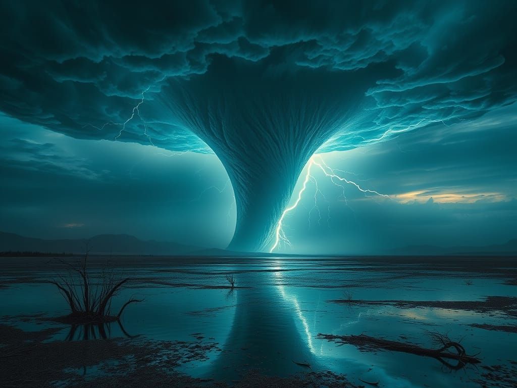 Surrealistic Tornado Made of Lightning in a Desolate Landsca...