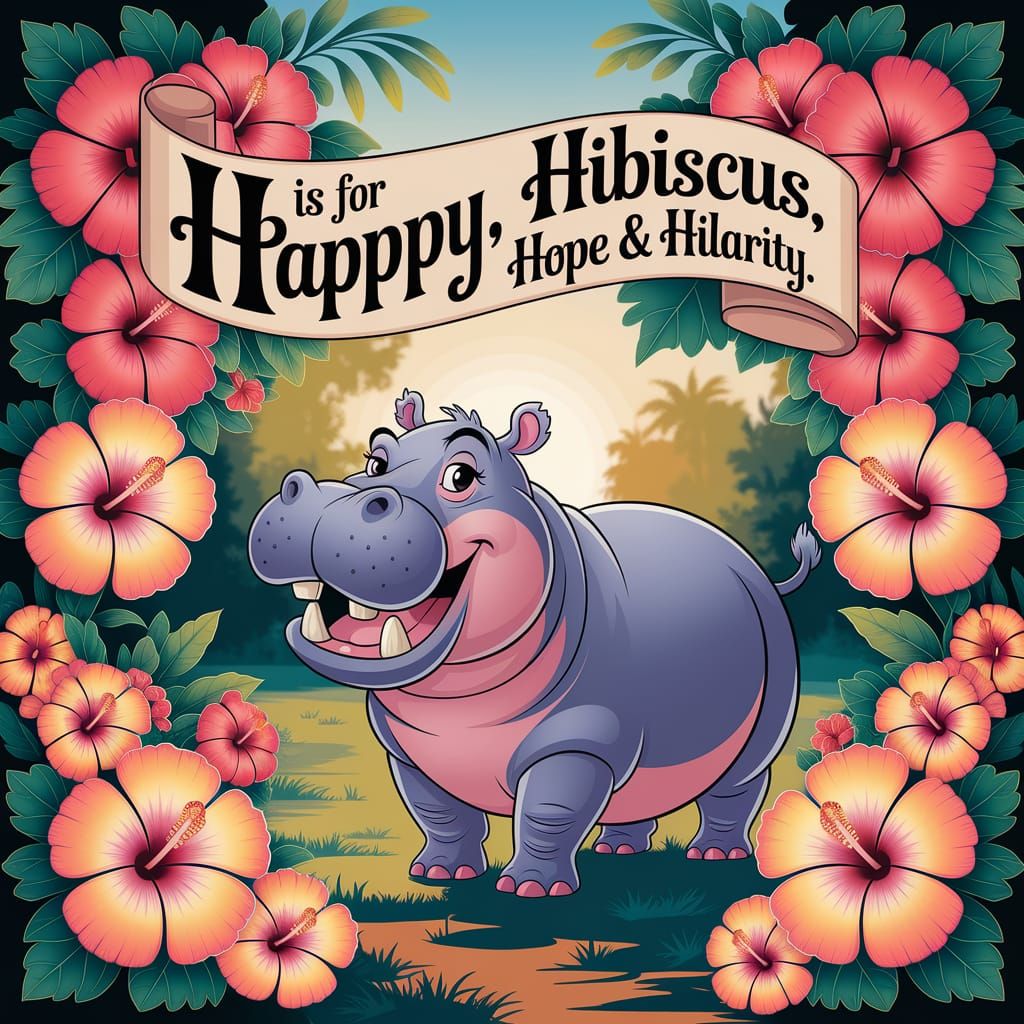 Jovial Hippo with Hibiscus Flowers in Digital Art