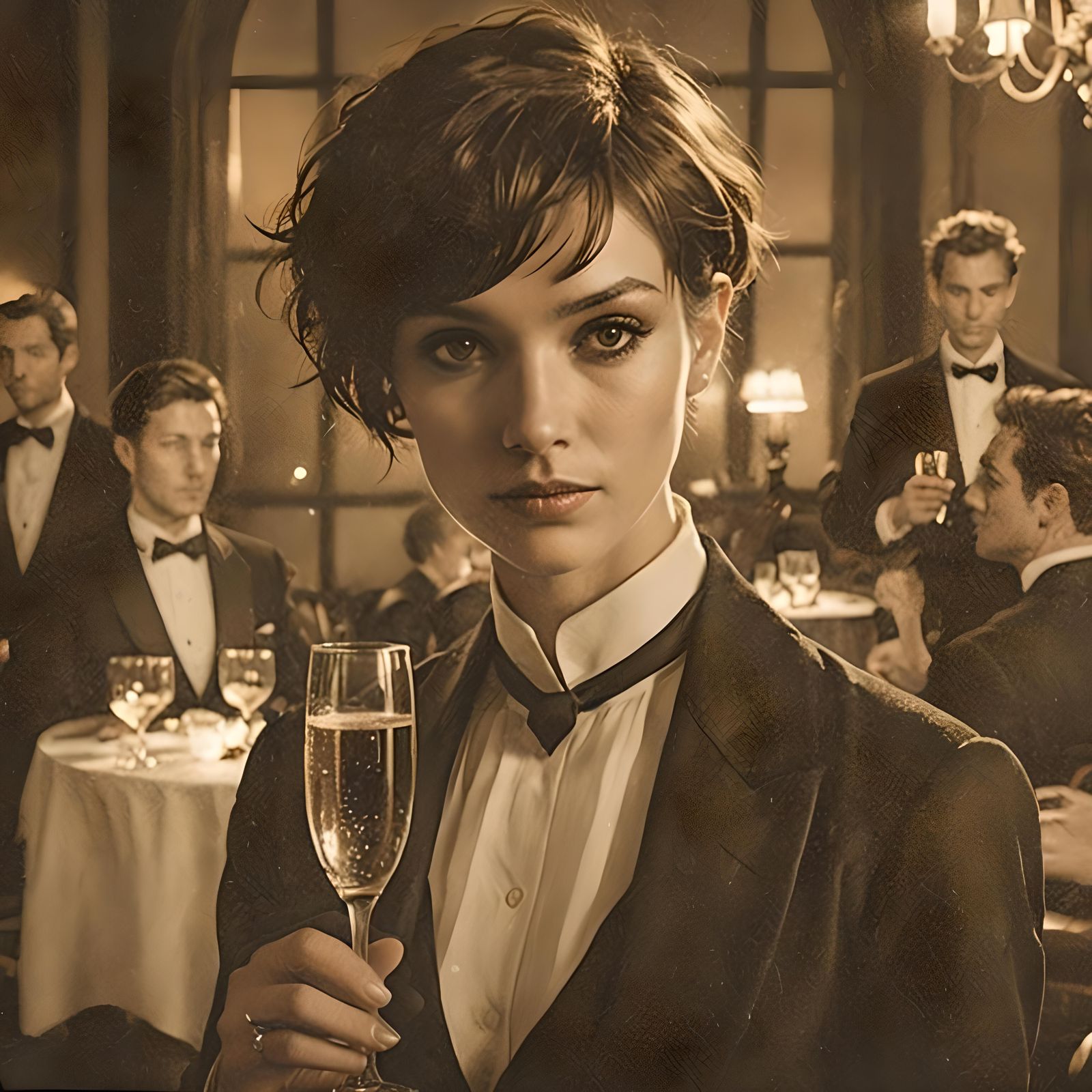Brunette Woman in Tuxedo: Sepia Photography