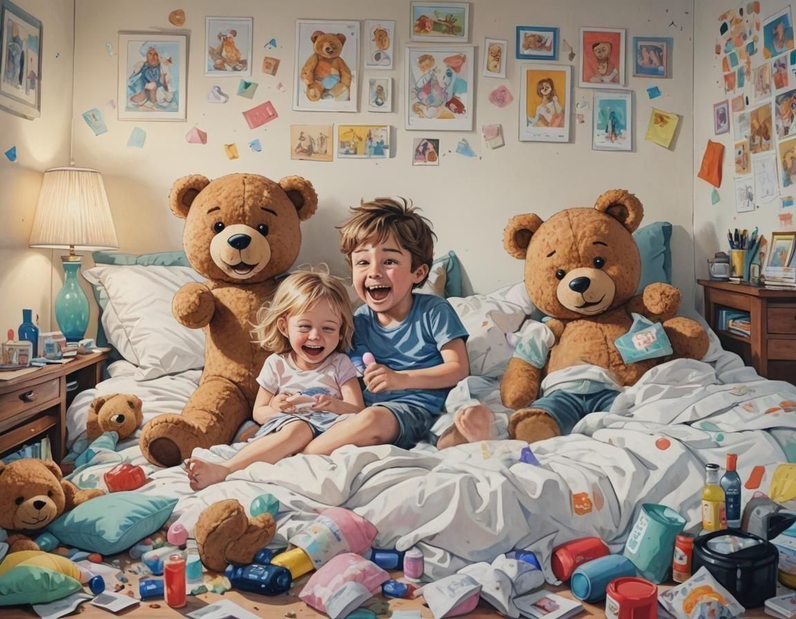 Laughing Siblings' Pillow Fight in Sunny Bedroom