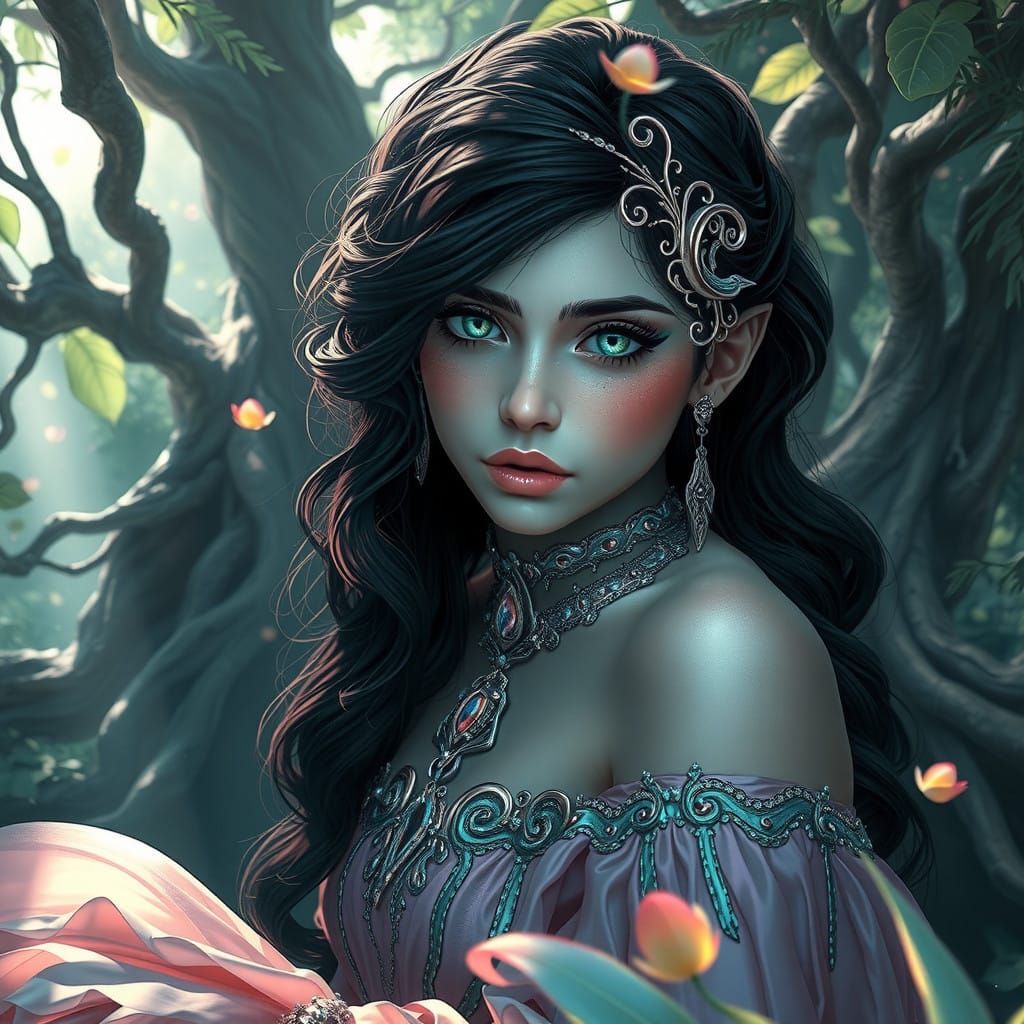 Girl in Regal, Dreamlike Environments with Swirling Silver F...