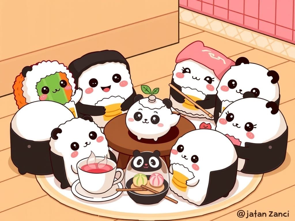 Sushi Tea Party: Whimsical Anime-Style Illustration