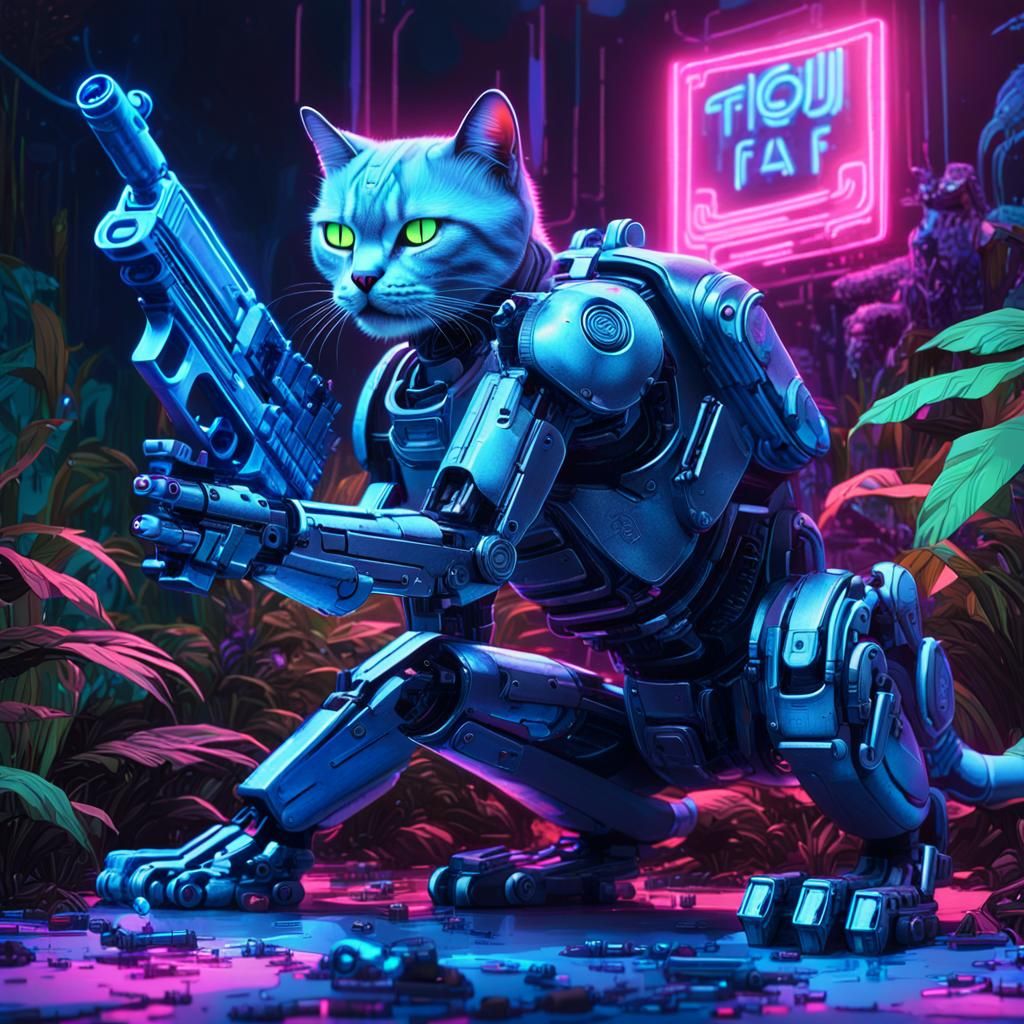 Robot Cat in Neon-Lit Cybernetic Jungle