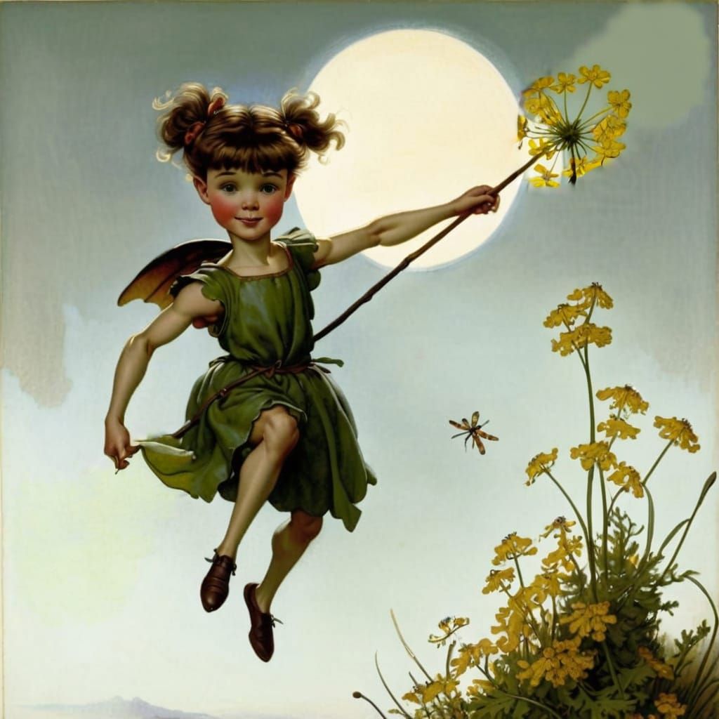 Ragwort Flower Fairy with Pixie Dust, Vintage Style