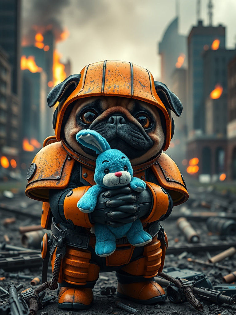 Chibi Pug in Warhammer Armor with Toy