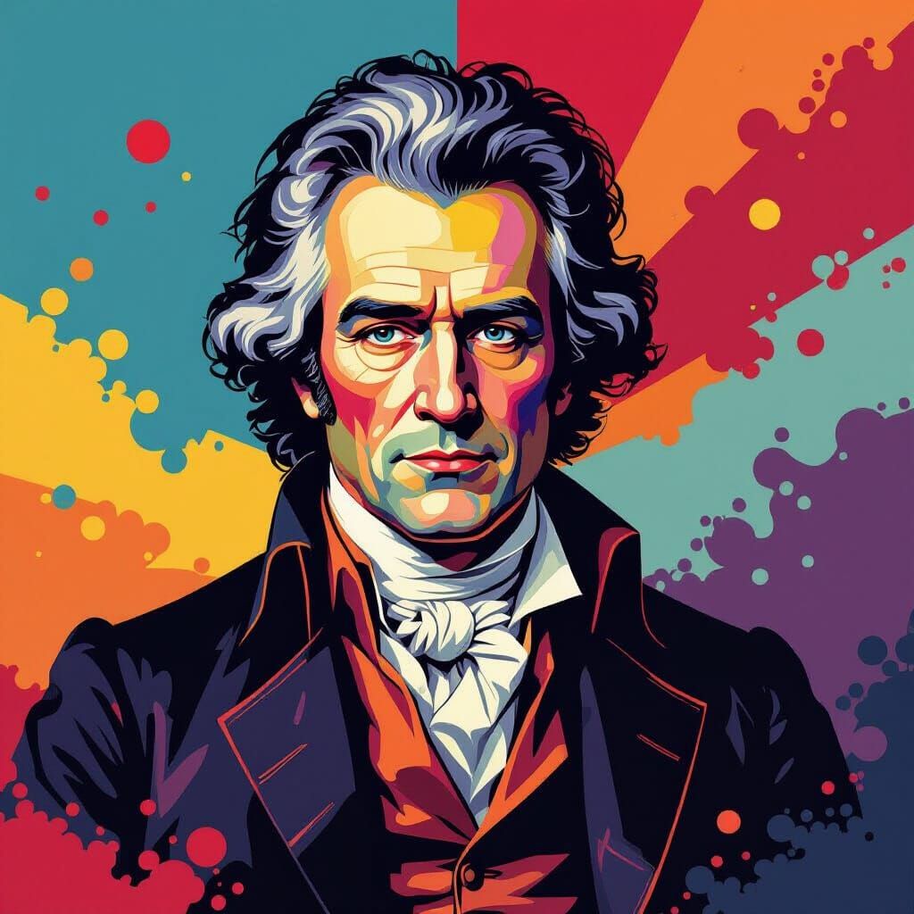 Beethoven Portrait in Vibrant Pop Art Screen Print Style