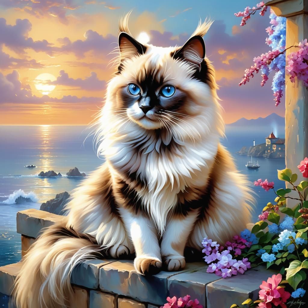 Birman Cat on Wall at Sunset
