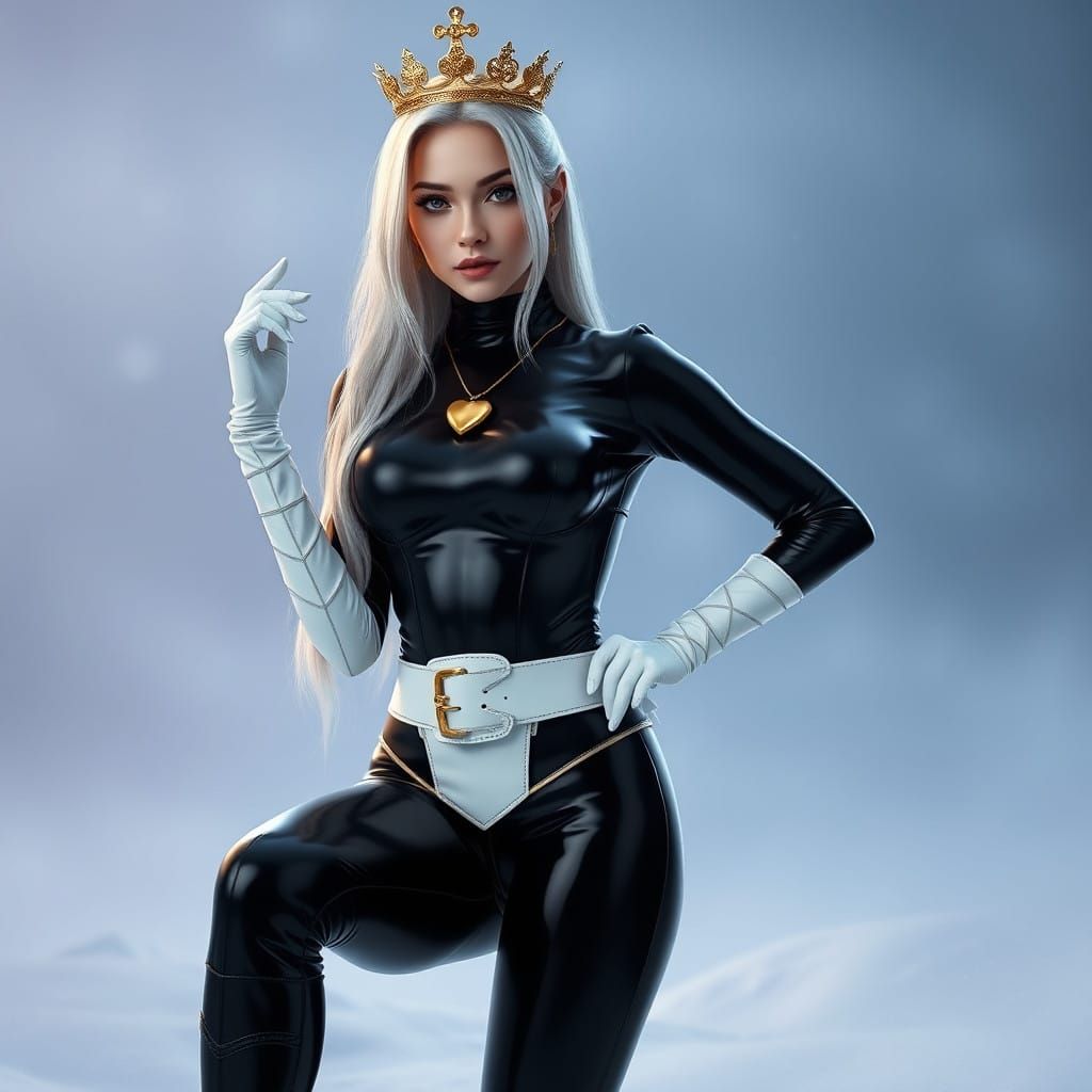 Elegant Blond Woman in Shiny Black Latex Catsuit and White L...