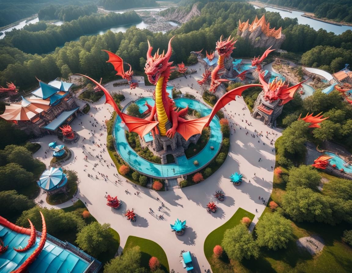 Dragon Theme Park: Drone Shot with Flying Dragons