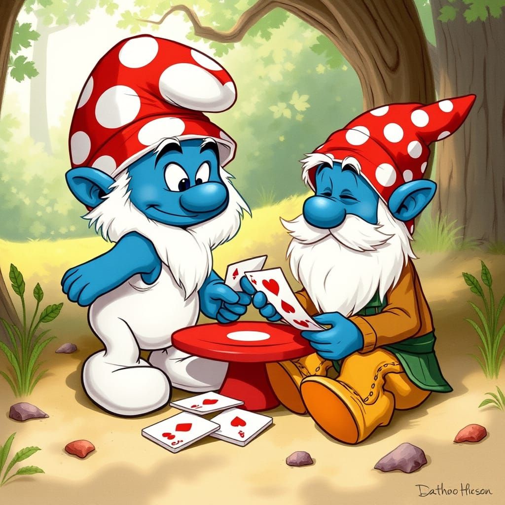 Smurf and Gnome Play Cards in Enchanted Forest