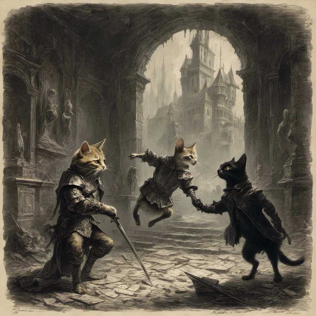 Knight Cat and Duck Battle in Castle