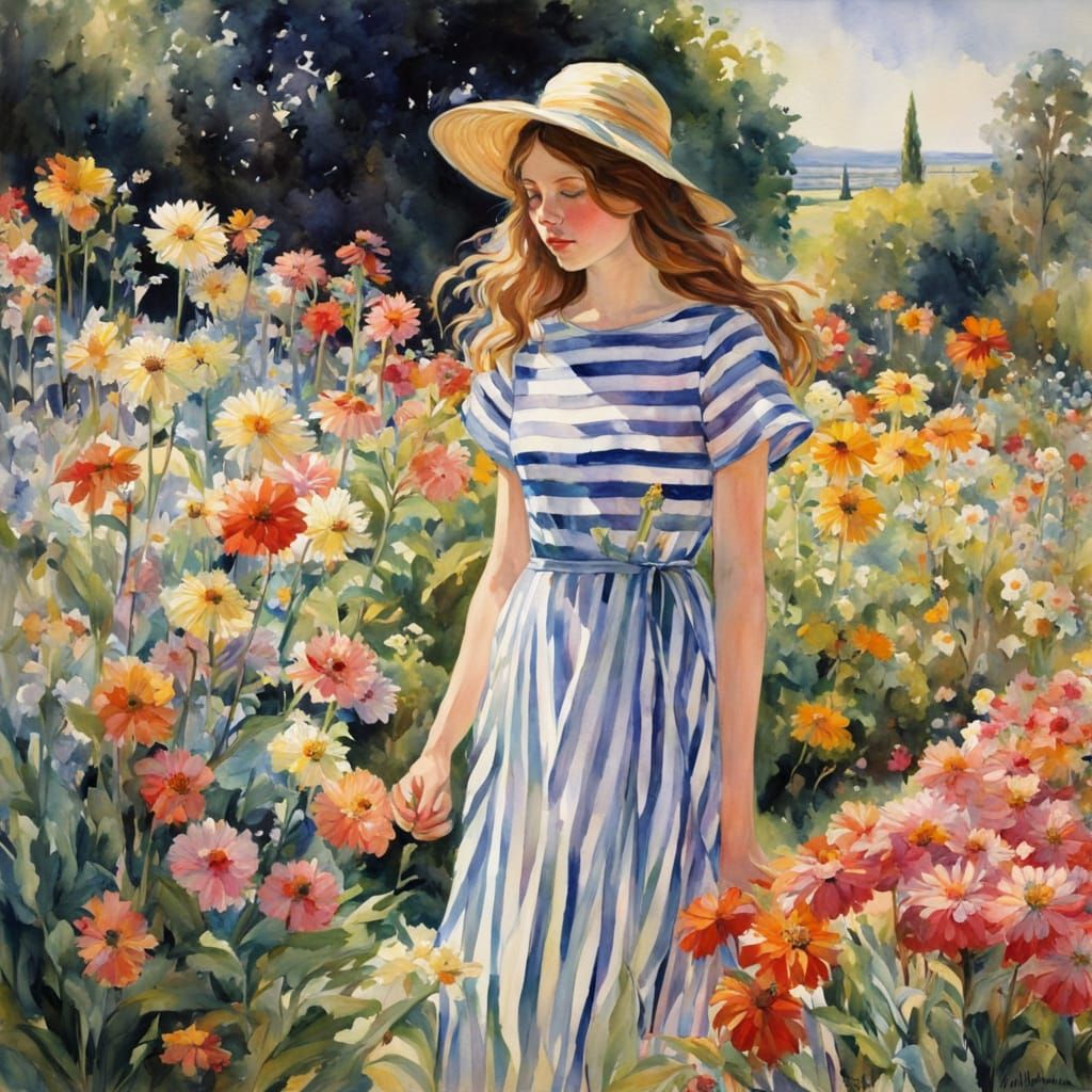 Whimsical Garden Scene in Watercolor Style