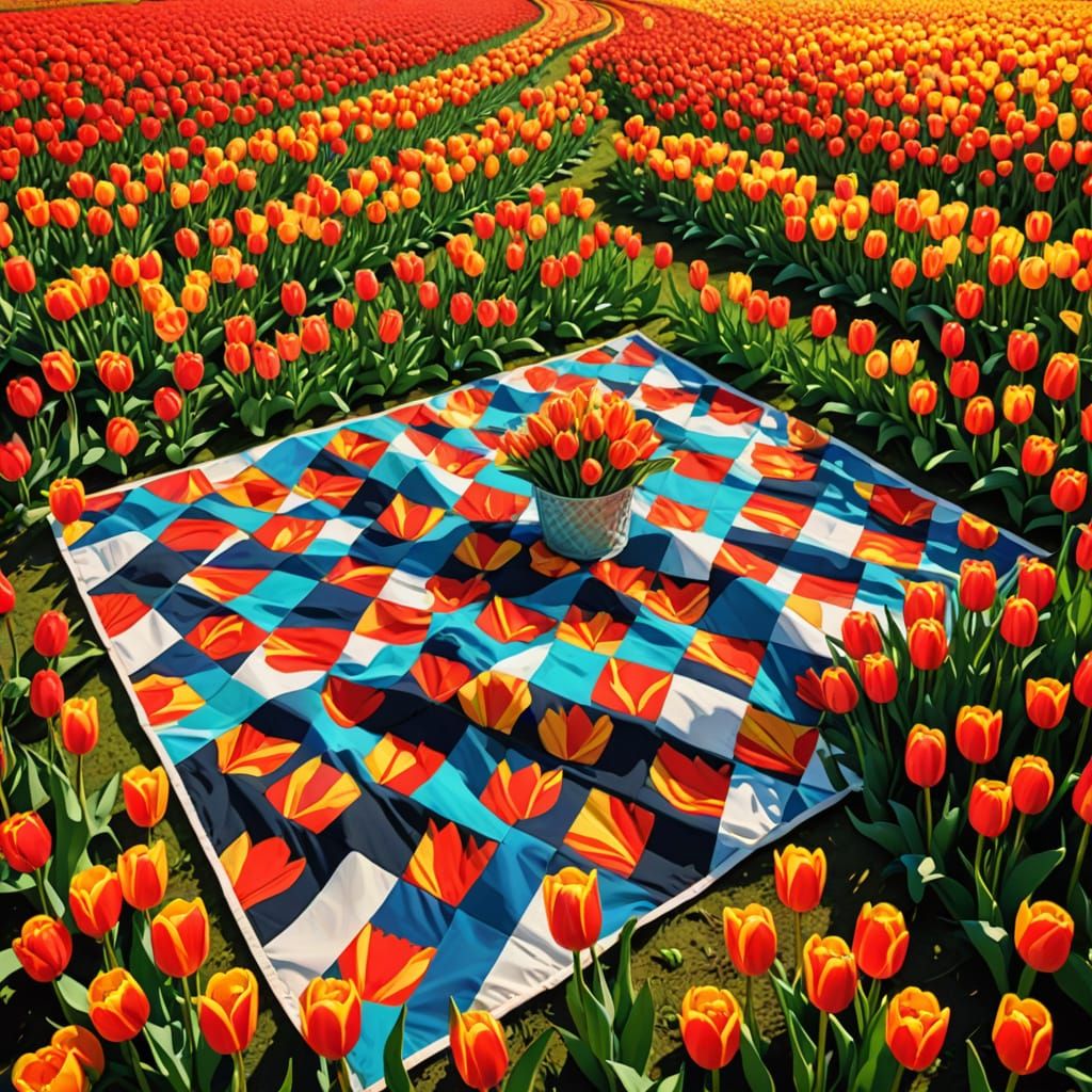 Pop Art Picnic in a Tulip Field: Digital Art