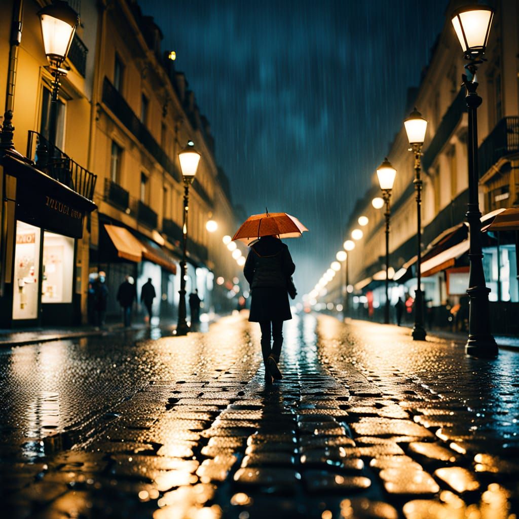 Parisian Woman Walks Cobblestone Street in Moody Rainy Night