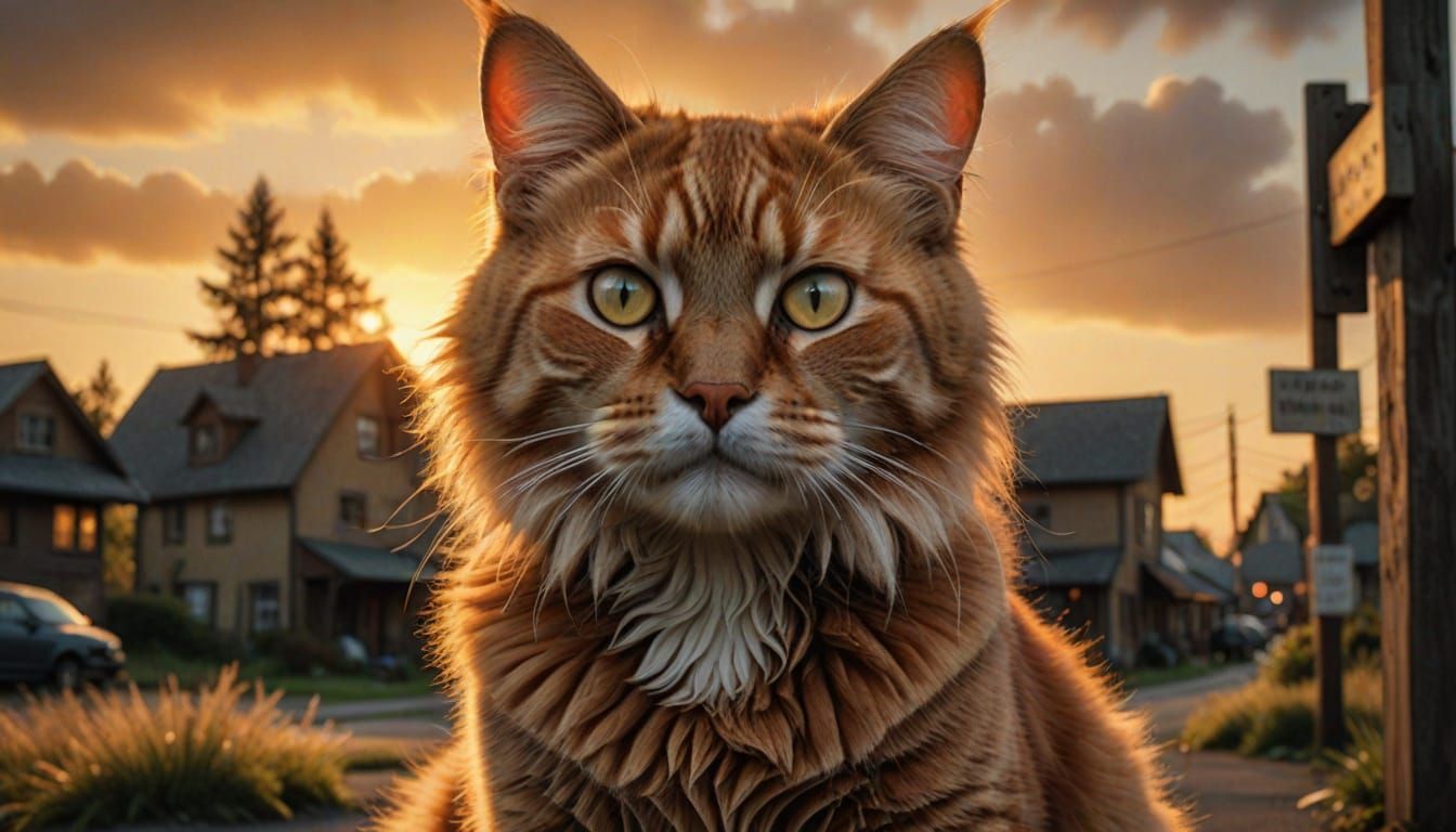 Ginger Tom Cat Portrait with Sign in Moody Lighting