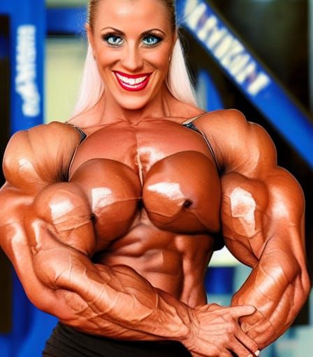 Extremely Muscular Female Bodybuilder Flexing Arm