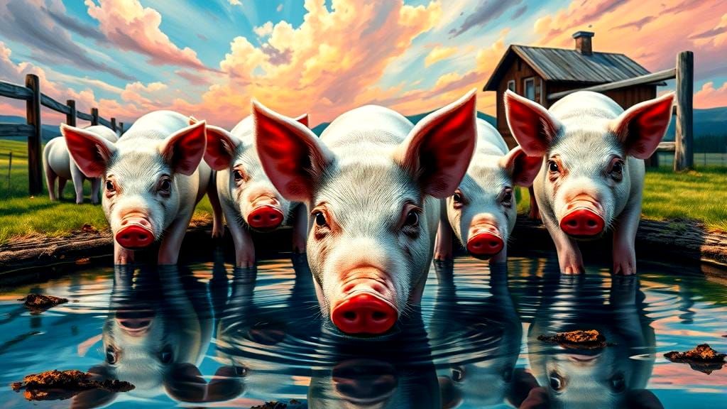 Hyperrealistic Pigs Diving in Pond, Acrylic Portrait