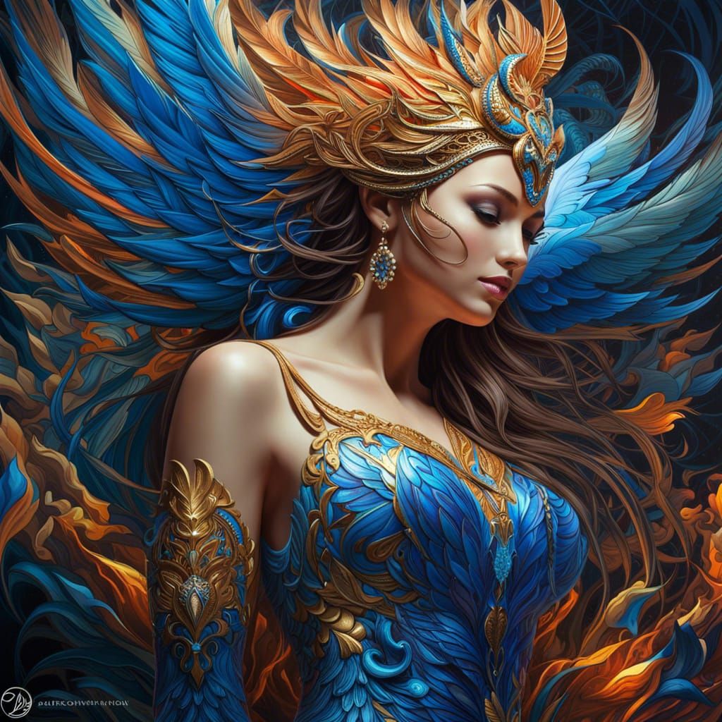 Blue Fire Phoenix: Detailed Fantasy Artwork