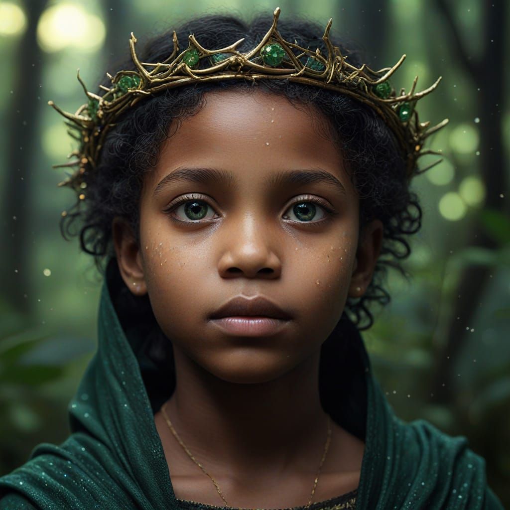 Mysterious Black Child with Piercing Green Eyes in Enchanted...
