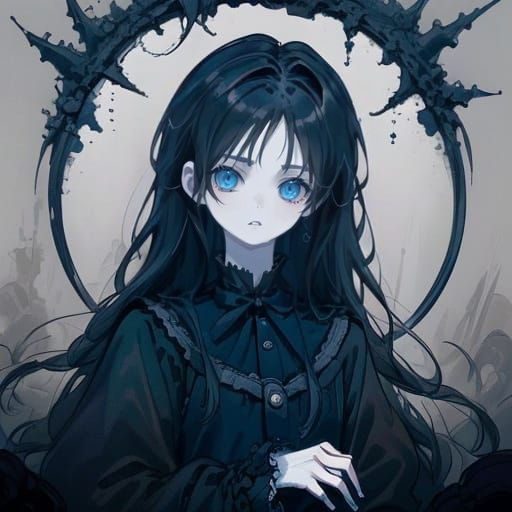 Ethereal Goth Anime Girl Amid Dark Background