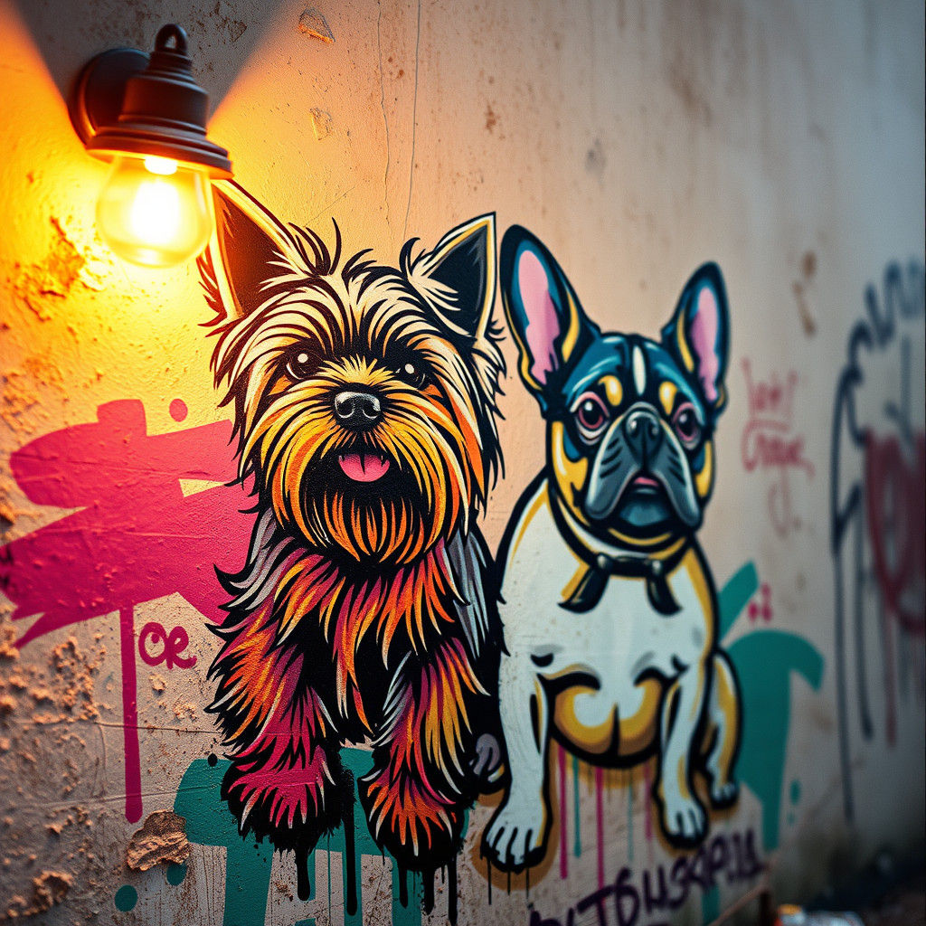 Vibrant Graffiti Art: Yorkshire Terrier and French Bulldog
