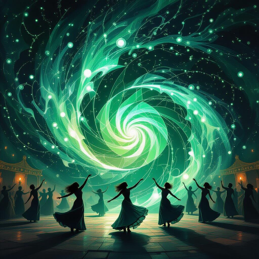 Surreal AI Vortex with Dancing Figures in Spiritual Circus