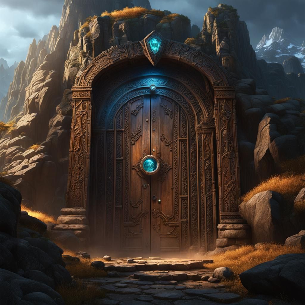 Ancient Cave Door with Runes, Dark Fantasy Art