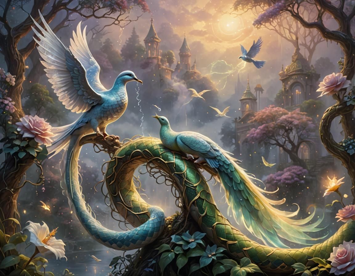 Mystical Serpent and Dove Dance in Ethereal Light